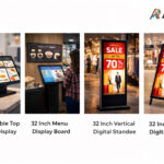 Shop 32 inch digital standee models including table top display, menu board, vertical standee & A-frame signage. Ideal for retail, restaurant & corporate use.