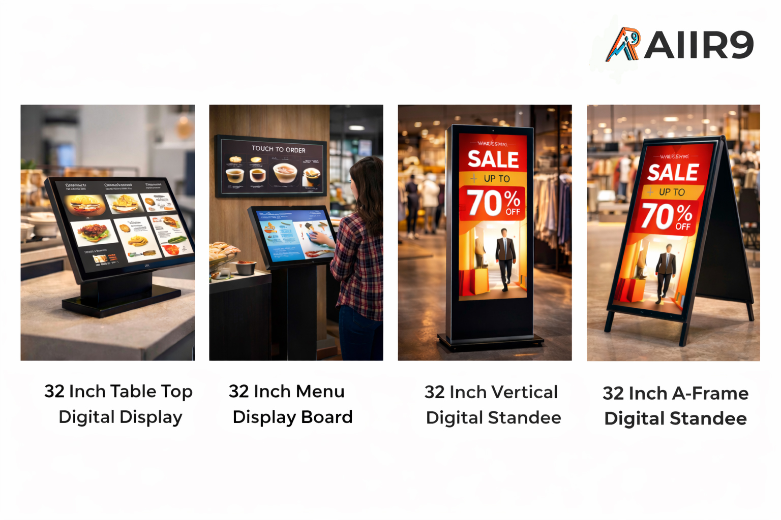 Shop 32 inch digital standee models including table top display, menu board, vertical standee & A-frame signage. Ideal for retail, restaurant & corporate use.