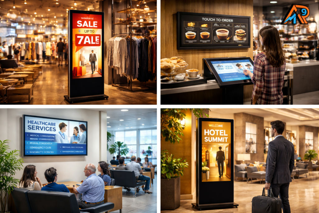 Digital standee display in a retail clothing store showing sale promotion to attract customers