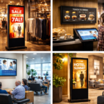 Digital standee display in a retail clothing store showing sale promotion to attract customers